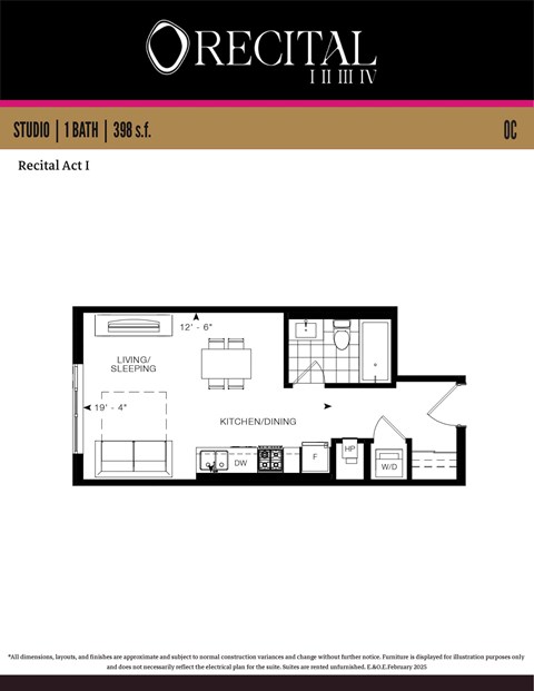 A floor plan for a studio apartment with a living/sleeping area and a kitchen/dining area.